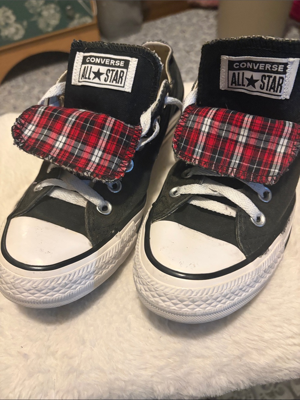 Converse women's Black Canvas Sneakers with Red Plaid Tongue
